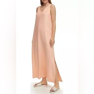 DKNY Women's Linen Panelled V-Neck‎ Midi Dress Peach Sz: Large Beach Costal